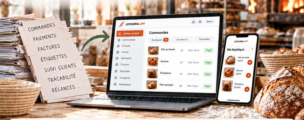 La paperasse d'un fournil — commandes, paiements, factures, étiquettes, traçabilité — remplacée par un seul écran.